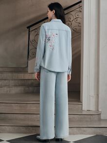 Anewsta Women's New Fashion Glamorous Heavy Embroidery Blue Jeans Set - Blue - View 5
