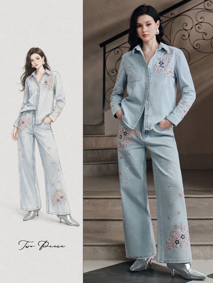 Anewsta Women's New Fashion Glamorous Heavy Embroidery Blue Jeans Set - Blue - View 1