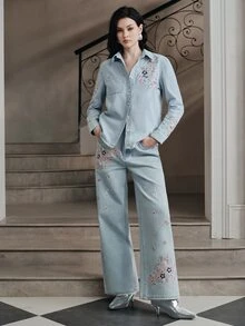 Anewsta Women's New Fashion Glamorous Heavy Embroidery Blue Jeans Set - Blue - View 6