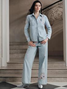 Anewsta Women's New Fashion Glamorous Heavy Embroidery Blue Jeans Set - Blue - View 7