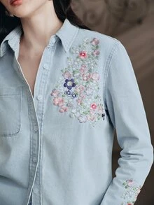 Anewsta Women's New Fashion Glamorous Heavy Embroidery Blue Jeans Set - Blue - View 2