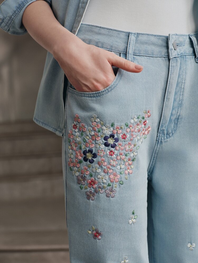 Anewsta 女款新款時尚華麗重工刺繡藍色牛仔套裝 - 藍色 - 查看 4