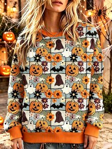 EMERY ROSE Sweatshirt Wanita Motif Halloween, Model Retro Patchwork Hantu Kelelawar Bunga Lengan Panjang Kasual untuk Musim Gugur - MultiWarna - View 8