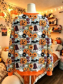 EMERY ROSE Sweatshirt Wanita Motif Halloween, Model Retro Patchwork Hantu Kelelawar Bunga Lengan Panjang Kasual untuk Musim Gugur - MultiWarna - View 5