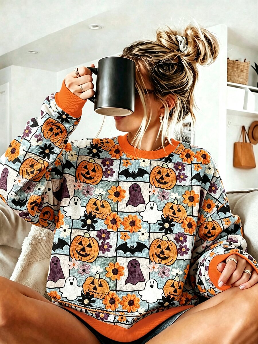 EMERY ROSE Sweatshirt Wanita Motif Halloween, Model Retro Patchwork Hantu Kelelawar Bunga Lengan Panjang Kasual untuk Musim Gugur - MultiWarna - View 1