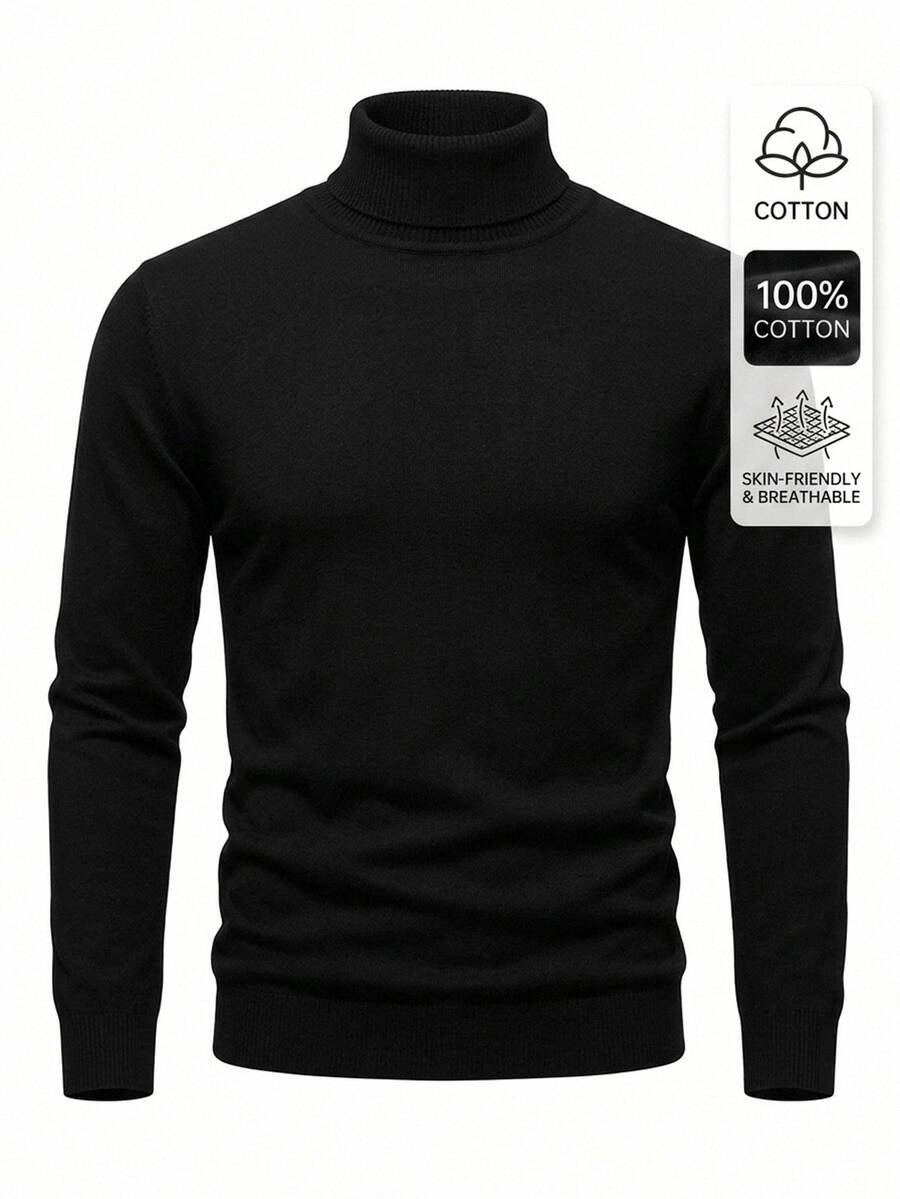 Manfinity CityGents Men's Plus Size Solid Color Turtleneck Long Sleeve Casual Versatile Sweater, Fall/Winter Unisex Style, Couple Outfit, Best Holiday Gift - 黑色 - 查看 1