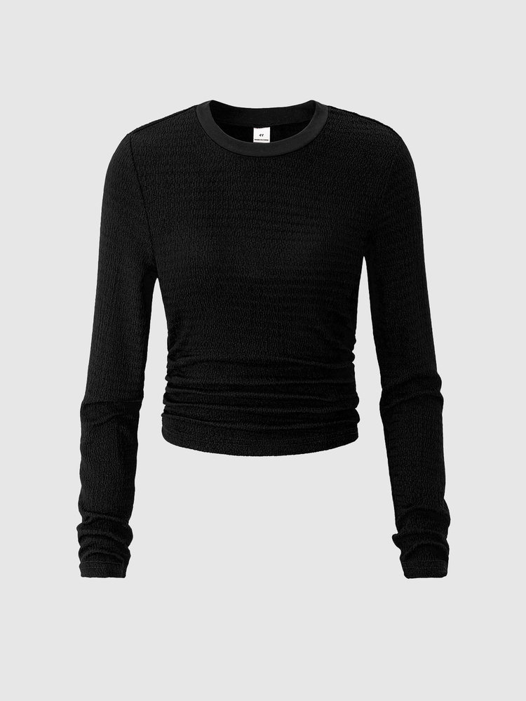 SHEIN Sparklyn Tween Girls 2 Pieces Outfits Set Black Slim Fit Long Sleeve T-Shirt And Textured Knit Wide Leg Loose Pants Casual Streetwear - Black - View 4