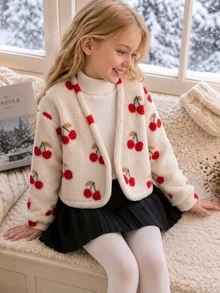 Tween Girls' Fuzzy Short Open Front Long Sleeve Jacket Coat Fleece All-Over Cherry Print Winter Outwear School Student Red And White Cute Cool Girl - Apricot - View 6
