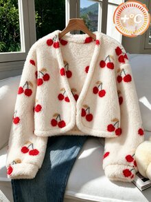 Tween Girls' Fuzzy Short Open Front Long Sleeve Jacket Coat Fleece All-Over Cherry Print Winter Outwear School Student Red And White Cute Cool Girl - Apricot - View 3