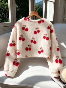 Tween Girls' Fuzzy Short Open Front Long Sleeve Jacket Coat Fleece All-Over Cherry Print Winter Outwear School Student Red And White Cute Cool Girl - Apricot - View 2