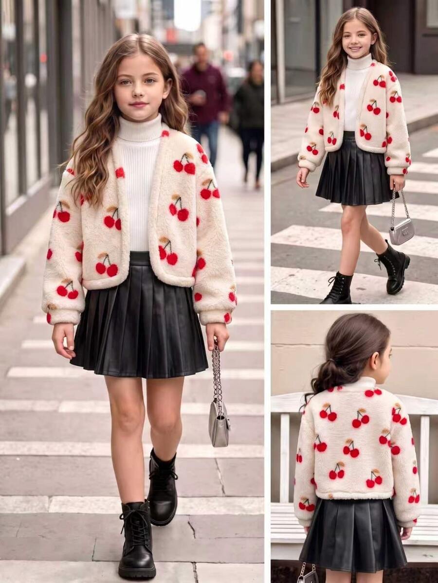 Tween Girls' Fuzzy Short Open Front Long Sleeve Jacket Coat Fleece All-Over Cherry Print Winter Outwear School Student Red And White Cute Cool Girl - Apricot - View 1