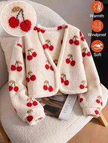 Tween Girls' Fuzzy Short Open Front Long Sleeve Jacket Coat Fleece All-Over Cherry Print Winter Outwear School Student Red And White Cute Cool Girl - Apricot - View 7