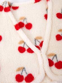 Tween Girls' Fuzzy Short Open Front Long Sleeve Jacket Coat Fleece All-Over Cherry Print Winter Outwear School Student Red And White Cute Cool Girl - Apricot - View 4