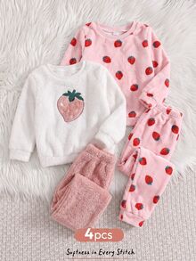 SHEIN 女童 Young Girl 圖案厚款圓領長袖套頭上衣＋彈性腰長褲 4件套，秋季上衣套裝 - 彩色 - 查看 4