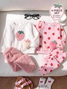 SHEIN 女童 Young Girl 圖案厚款圓領長袖套頭上衣＋彈性腰長褲 4件套，秋季上衣套裝 - 彩色 - 查看 2