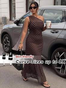 SHEIN CURVE+ 大尺碼秋冬單肩波點印花性感洋裝，適合派對與優雅場合 - 彩色 - 查看 6