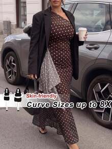 SHEIN CURVE+ 大尺碼秋冬單肩波點印花性感洋裝，適合派對與優雅場合 - 彩色 - 查看 7