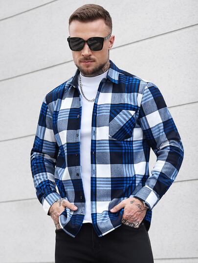 Manfinity CasualCool Kemeja Pria Kasual Kotak-kotak Kancing Depan Lengan Panjang dengan Saku, Biru Musim Gugur, Kemeja Flanel Pria Hitam dan Putih