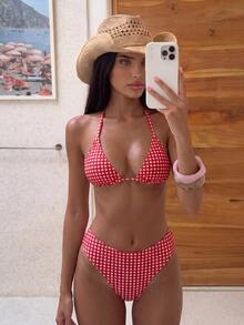 Costavie 2026春夏格子露背系带比基尼两件套泳衣，方格比基尼套装，女士比基尼套装，红白格子比基尼两件套，度假装，女士比基尼套装 - 彩色 - 查看 1
