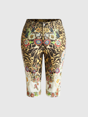 Grunge Punk Plus Size Vintage Leopard & Floral Print Y2K Fitted Denim Mid-Length Pants