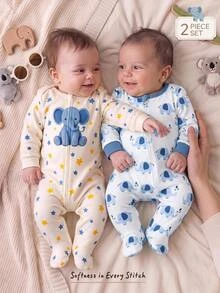 Cozy Pixies Newborn Baby Pajamas Cartoon Elephant Pattern Knitted Round Neck Long Sleeve Bodysuit And Pants 2pcs Pieces Set Loungewear - Blue - View 2