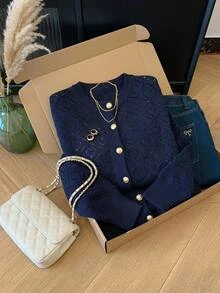 SHEIN CURVE+ Plus Size Hollow Out Solid Color Minimalist Elegant Casual Long Sleeve Cardigan, Suitable For Autumn/Winter Women's Wear Formal Office Navy Blue - Navy Blue - View 6