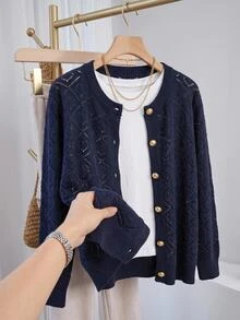 SHEIN CURVE+ Plus Size Hollow Out Solid Color Minimalist Elegant Casual Long Sleeve Cardigan, Suitable For Autumn/Winter Women's Wear Formal Office Navy Blue - Navy Blue - View 7