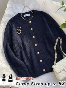 SHEIN CURVE+ Plus Size Hollow Out Solid Color Minimalist Elegant Casual Long Sleeve Cardigan, Suitable For Autumn/Winter Women's Wear Formal Office Navy Blue - Navy Blue - View 8