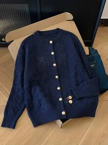 SHEIN CURVE+ Plus Size Hollow Out Solid Color Minimalist Elegant Casual Long Sleeve Cardigan, Suitable For Autumn/Winter Women's Wear Formal Office Navy Blue - Navy Blue - View 4