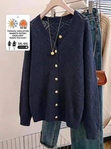 SHEIN CURVE+ Plus Size Hollow Out Solid Color Minimalist Elegant Casual Long Sleeve Cardigan, Suitable For Autumn/Winter Women's Wear Formal Office Navy Blue - Navy Blue - View 9