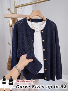 SHEIN CURVE+ Plus Size Hollow Out Solid Color Minimalist Elegant Casual Long Sleeve Cardigan, Suitable For Autumn/Winter Women's Wear Formal Office Navy Blue - Navy Blue - View 10