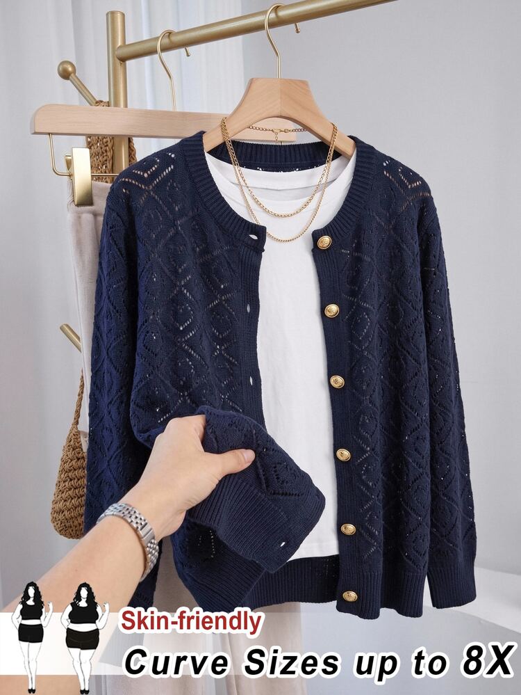 SHEIN CURVE+ 大尺碼鏤空純色極簡優雅休閒長袖開襟衫，適合秋冬女裝正式辦公穿搭，海軍藍 - 藏蓝色 - 查看 10