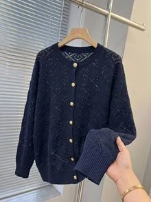 SHEIN CURVE+ Plus Size Hollow Out Solid Color Minimalist Elegant Casual Long Sleeve Cardigan, Suitable For Autumn/Winter Women's Wear Formal Office Navy Blue - Navy Blue - View 3