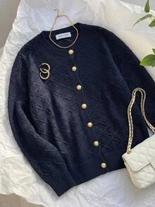 SHEIN CURVE+ Plus Size Hollow Out Solid Color Minimalist Elegant Casual Long Sleeve Cardigan, Suitable For Autumn/Winter Women's Wear Formal Office Navy Blue - Navy Blue - View 5