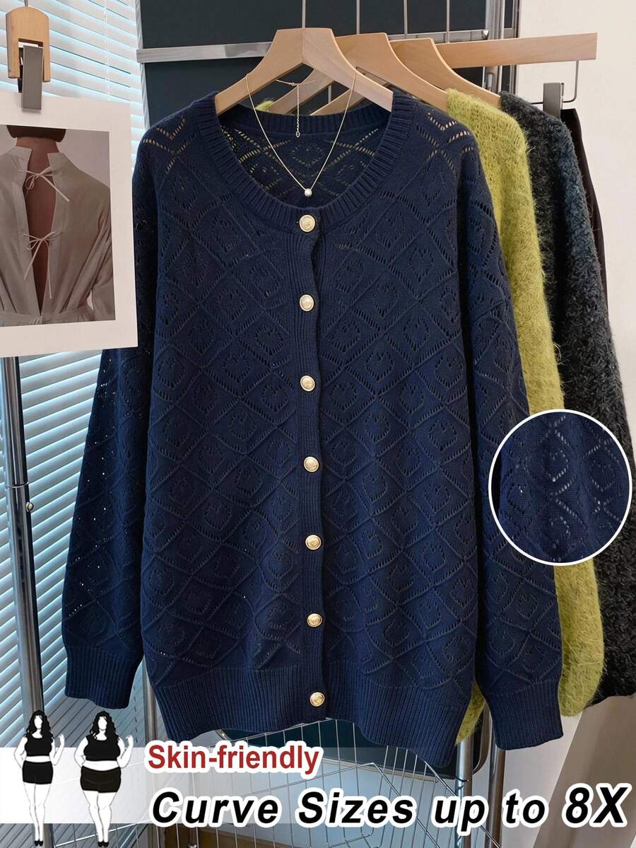 SHEIN CURVE+ Plus Size Hollow Out Solid Color Minimalist Elegant Casual Long Sleeve Cardigan, Suitable For Autumn/Winter Women's Wear Formal Office Navy Blue - Navy Blue - View 1