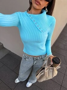 Aloruh Regular Women's Button-Up Pullover Long Sleeve Slim Fit Sweater Brunch Sky Blue Fall Casual - Baby Blue - View 6