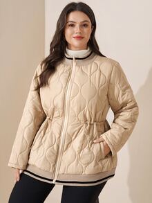 SHEIN LUNE 大尺碼女款拼色拉鍊休閒西式冬季加厚外套，奶油色，適合外出與夜店，時尚獨特秋冬夾克 - 卡其色 - 查看 6
