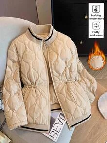 SHEIN LUNE 大尺碼女款拼色拉鍊休閒西式冬季加厚外套，奶油色，適合外出與夜店，時尚獨特秋冬夾克 - 卡其色 - 查看 1