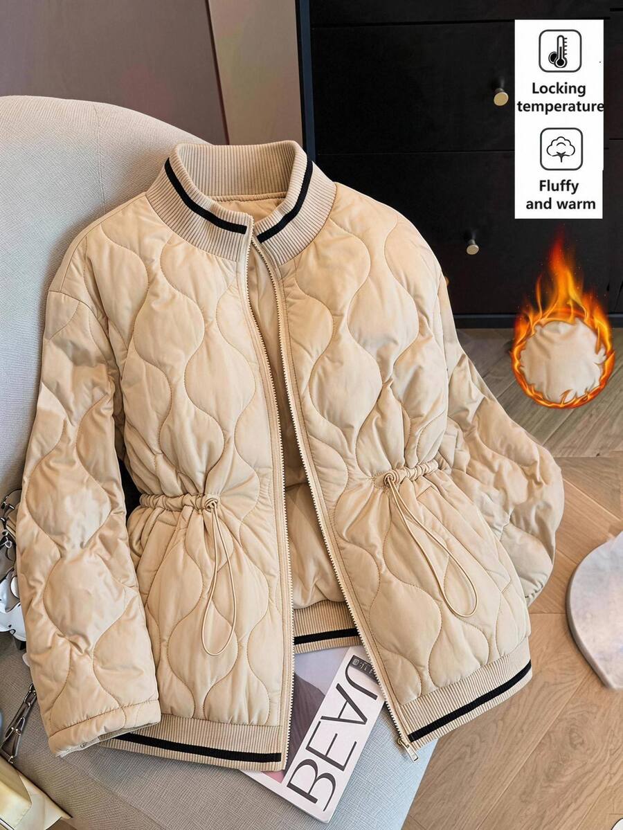 SHEIN LUNE 大尺碼女款拼色拉鍊休閒西式冬季加厚外套,奶油色,適合外出與夜店,時尚獨特秋冬夾克 - 卡其色 - 查看 1