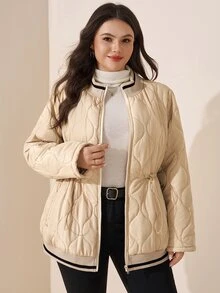 SHEIN LUNE 大尺碼女款拼色拉鍊休閒西式冬季加厚外套，奶油色，適合外出與夜店，時尚獨特秋冬夾克 - 卡其色 - 查看 4