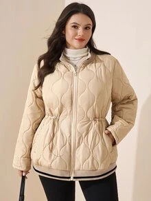 SHEIN LUNE 大尺碼女款拼色拉鍊休閒西式冬季加厚外套，奶油色，適合外出與夜店，時尚獨特秋冬夾克 - 卡其色 - 查看 5