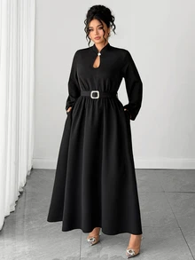 Cravure Plus Size High Neck Metal Square Buckle Decor Water Drop Hollow Chest Long Sleeve Cinched Waist A-Line Rhinestone Square Buckle Decor Long Dress Elegant For Outing Date Party Daily Commute - Black - View 4