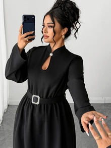Cravure Plus Size High Neck Metal Square Buckle Decor Water Drop Hollow Chest Long Sleeve Cinched Waist A-Line Rhinestone Square Buckle Decor Long Dress Elegant For Outing Date Party Daily Commute - Black - View 8