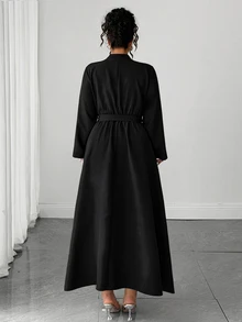 Cravure Plus Size High Neck Metal Square Buckle Decor Water Drop Hollow Chest Long Sleeve Cinched Waist A-Line Rhinestone Square Buckle Decor Long Dress Elegant For Outing Date Party Daily Commute - Black - View 2