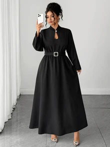 Cravure Plus Size High Neck Metal Square Buckle Decor Water Drop Hollow Chest Long Sleeve Cinched Waist A-Line Rhinestone Square Buckle Decor Long Dress Elegant For Outing Date Party Daily Commute - Black - View 6