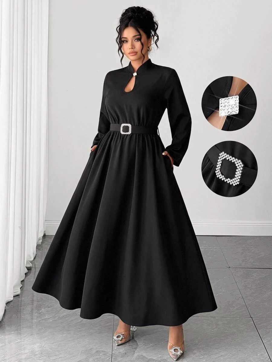 Cravure Plus Size High Neck Metal Square Buckle Decor Water Drop Hollow Chest Long Sleeve Cinched Waist A-Line Rhinestone Square Buckle Decor Long Dress Elegant For Outing Date Party Daily Commute - Black - View 1