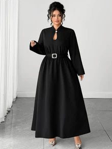 Cravure Plus Size High Neck Metal Square Buckle Decor Water Drop Hollow Chest Long Sleeve Cinched Waist A-Line Rhinestone Square Buckle Decor Long Dress Elegant For Outing Date Party Daily Commute - Black - View 9
