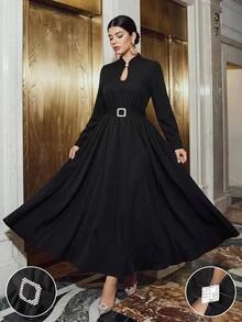 Cravure Plus Size High Neck Metal Square Buckle Decor Water Drop Hollow Chest Long Sleeve Cinched Waist A-Line Rhinestone Square Buckle Decor Long Dress Elegant For Outing Date Party Daily Commute - Black - View 3