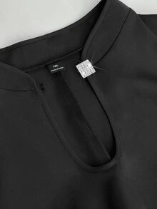 Cravure Plus Size High Neck Metal Square Buckle Decor Water Drop Hollow Chest Long Sleeve Cinched Waist A-Line Rhinestone Square Buckle Decor Long Dress Elegant For Outing Date Party Daily Commute - Black - View 7