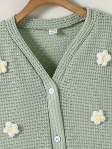 SHEIN Tween Girls Jacket Fall Clothes Back To School Fall Casual Holiday Travel Grey Long Sleeve Floral Knit Cardigan - Green - View 5